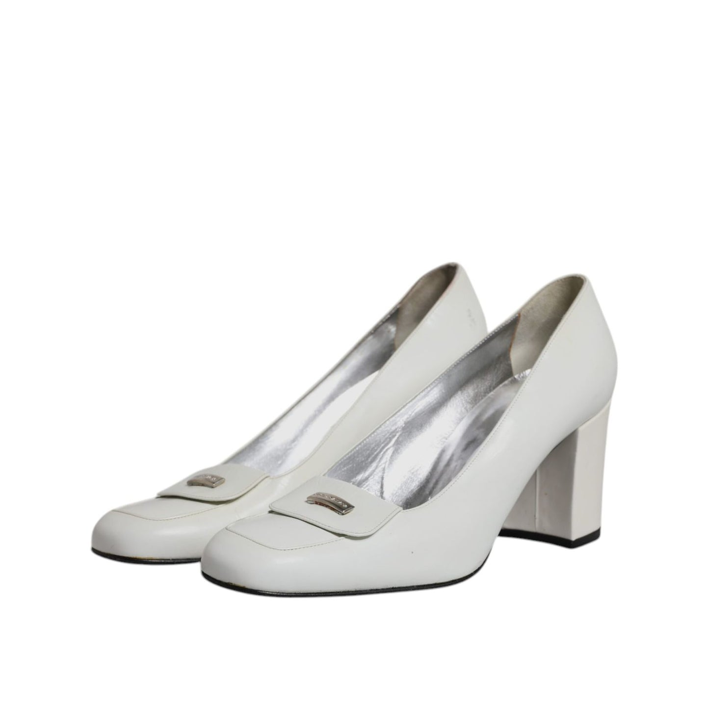 Dolce & Gabbana White Leather Block Heels Pumps Shoes