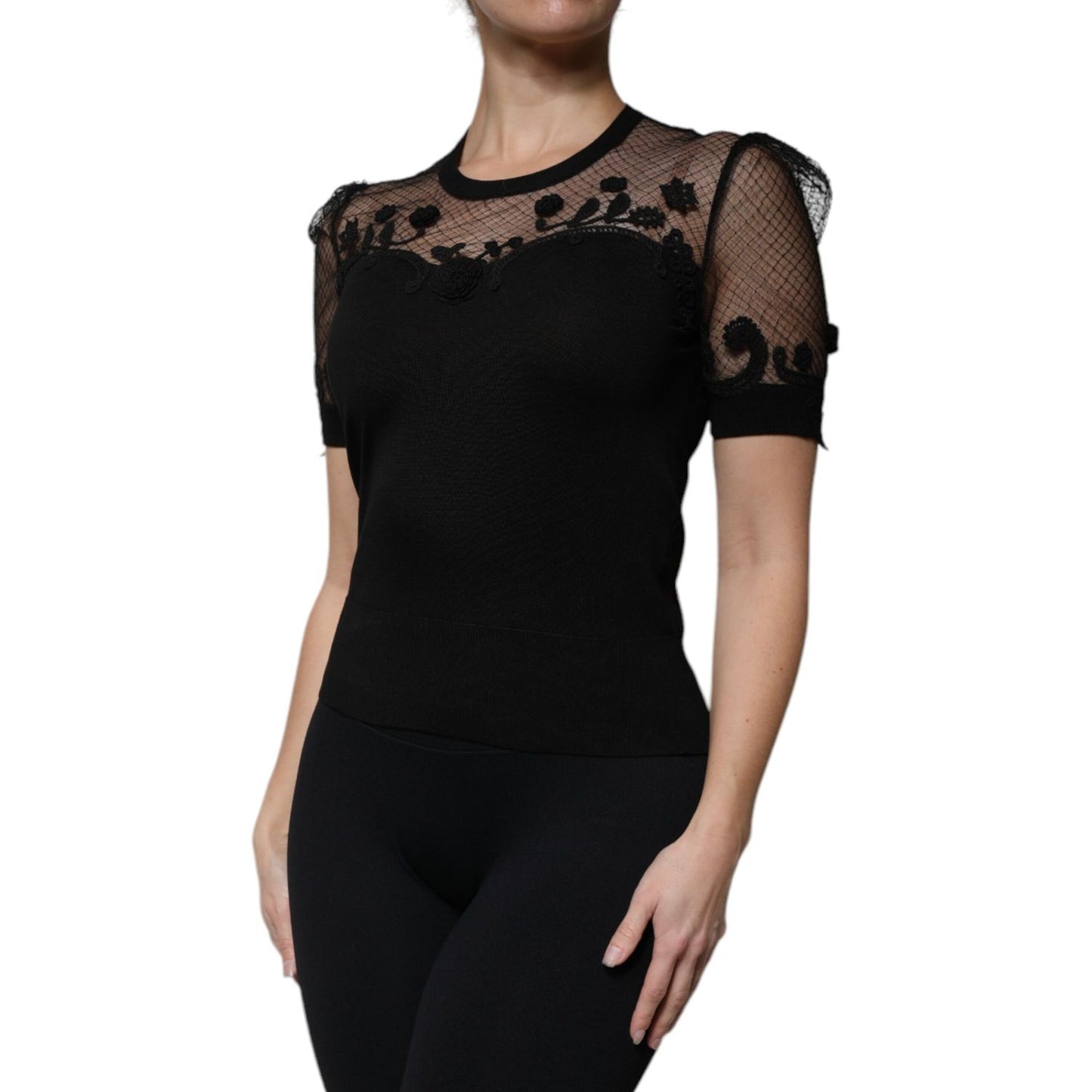 Dolce & Gabbana Black Floral Lace Short Sleeves Blouse Top