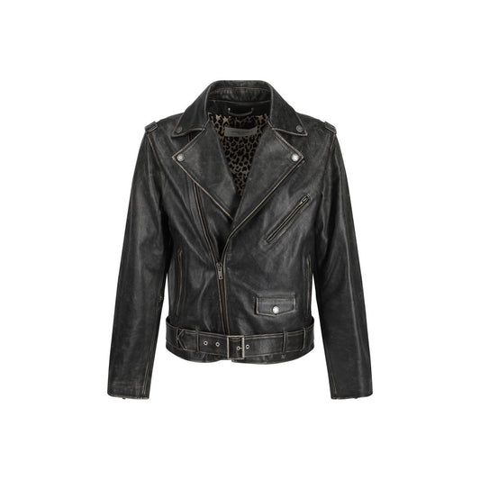 Golden Goose Brown Calf Leather Bos Taurus Biker Jacket with vintage effect and zipper details.