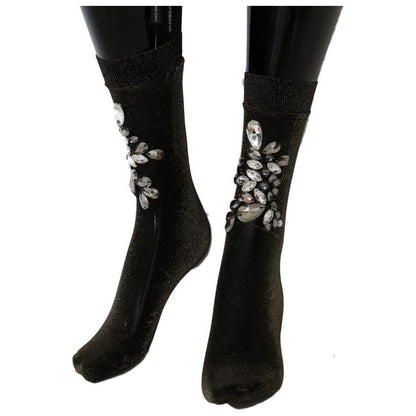 Dolce & Gabbana Black Stretch Floral Clear Crystal Socks