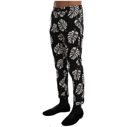 Dolce & Gabbana White Black Leaf Cotton Stretch Slim Pants