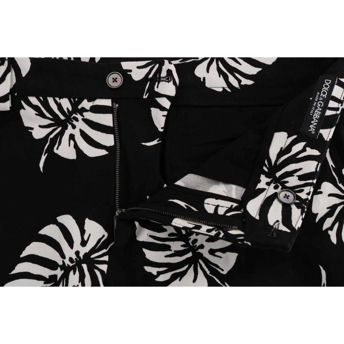 Dolce & Gabbana White Black Leaf Cotton Stretch Slim Pants