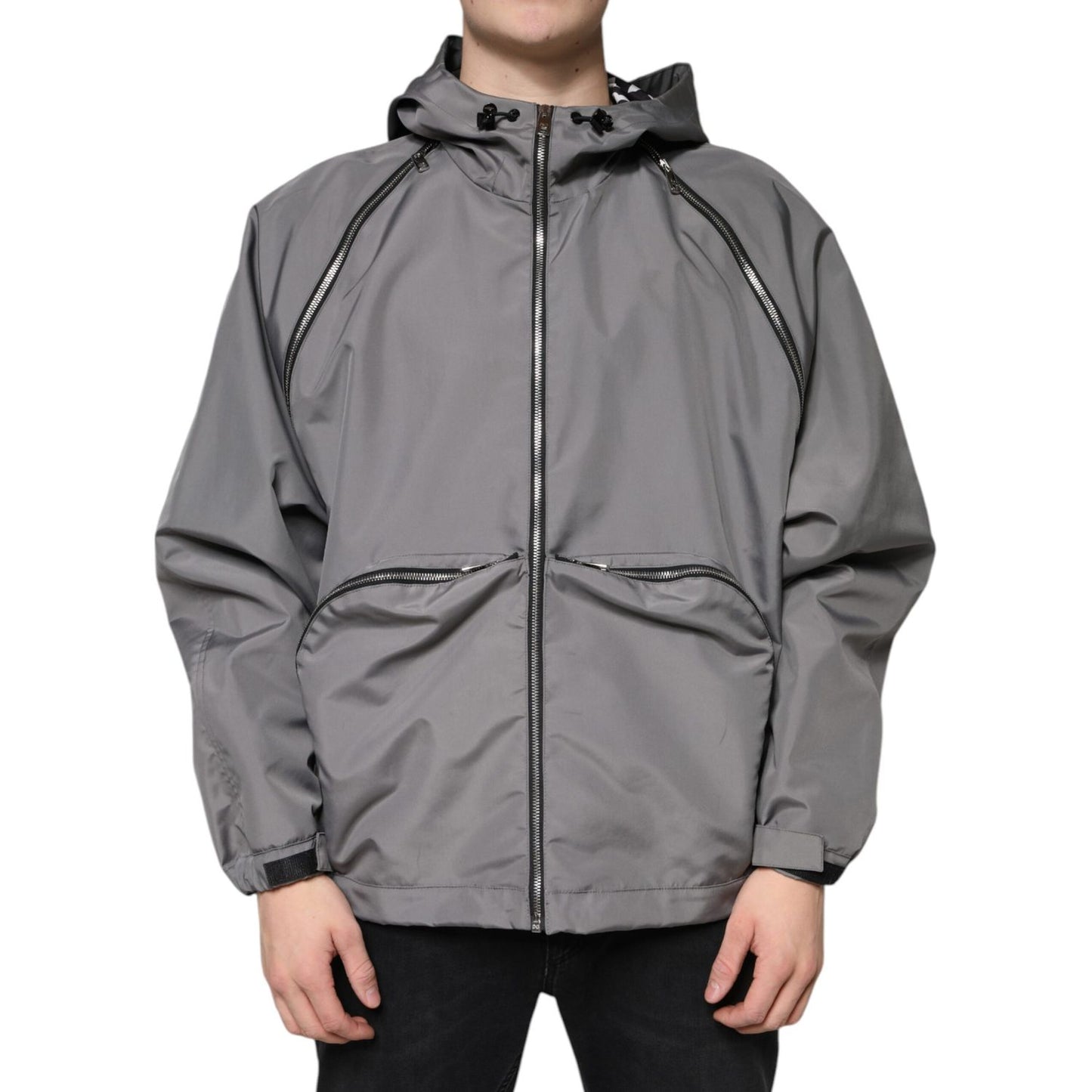 Dolce & Gabbana Gray Polyester Hooded Men Full Zip Jacket JKT3788-48