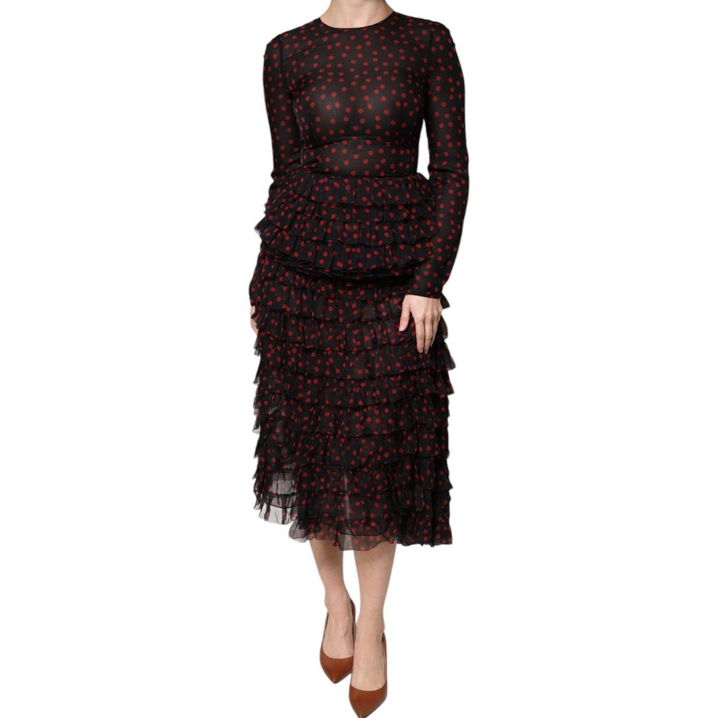 Dolce & Gabbana Black Red Polka Dot Silk Layered Midi Dress DR281255-40