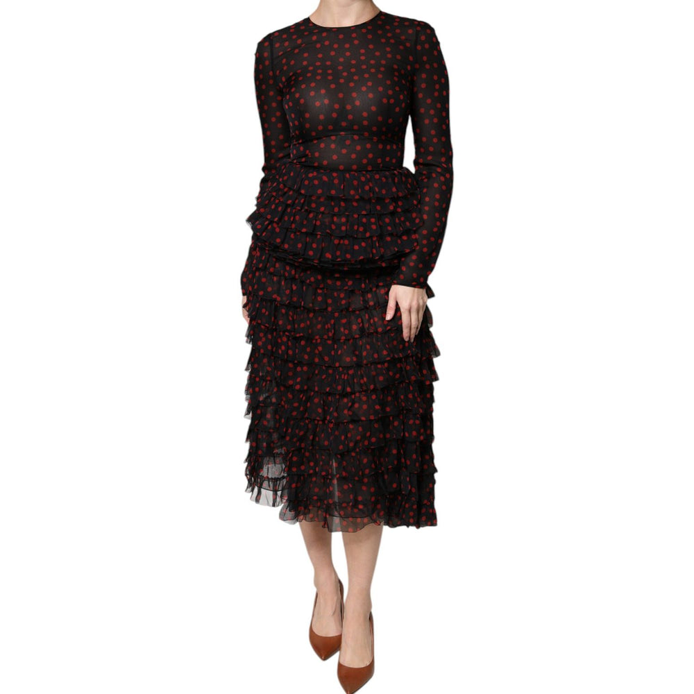 Dolce & Gabbana Black Red Polka Dot Silk Layered Midi Dress DR281255-40
