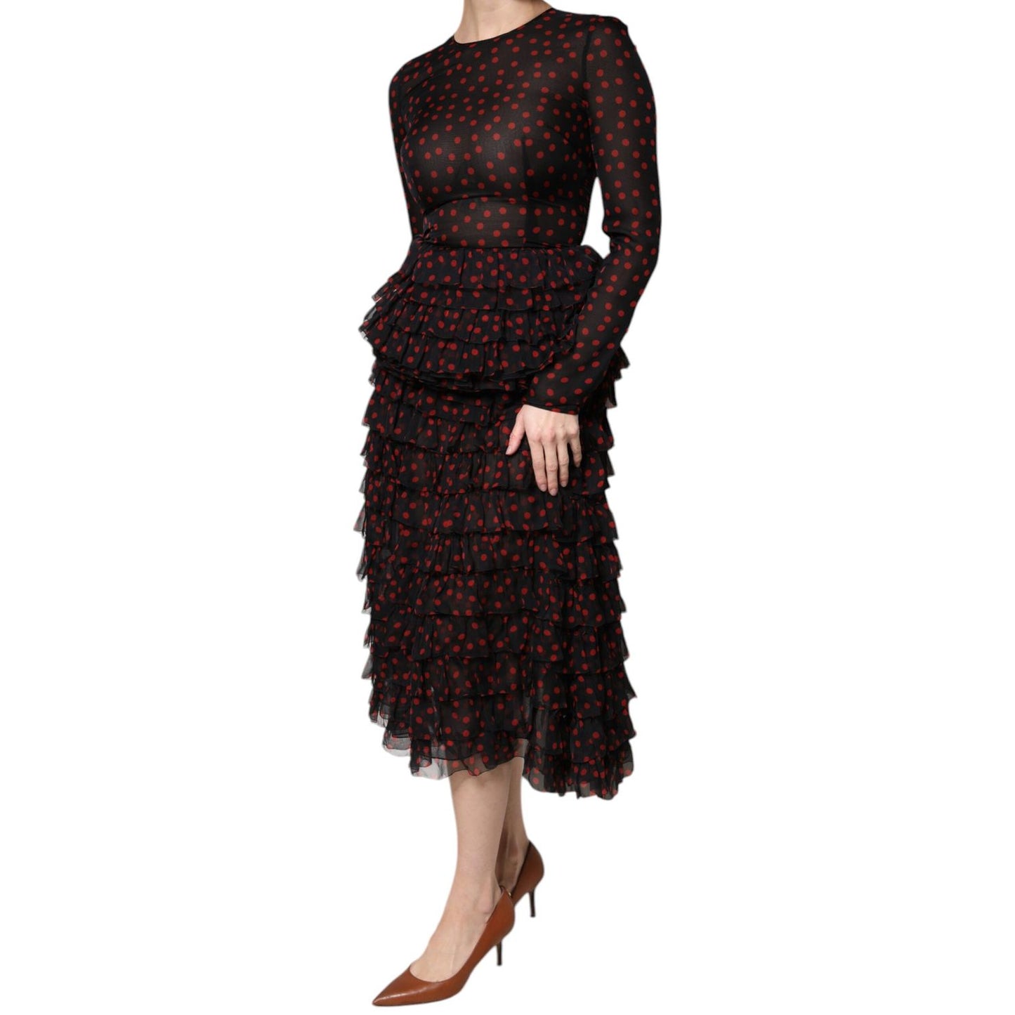 Dolce & Gabbana Black Red Polka Dot Silk Layered Midi Dress DR281255-40