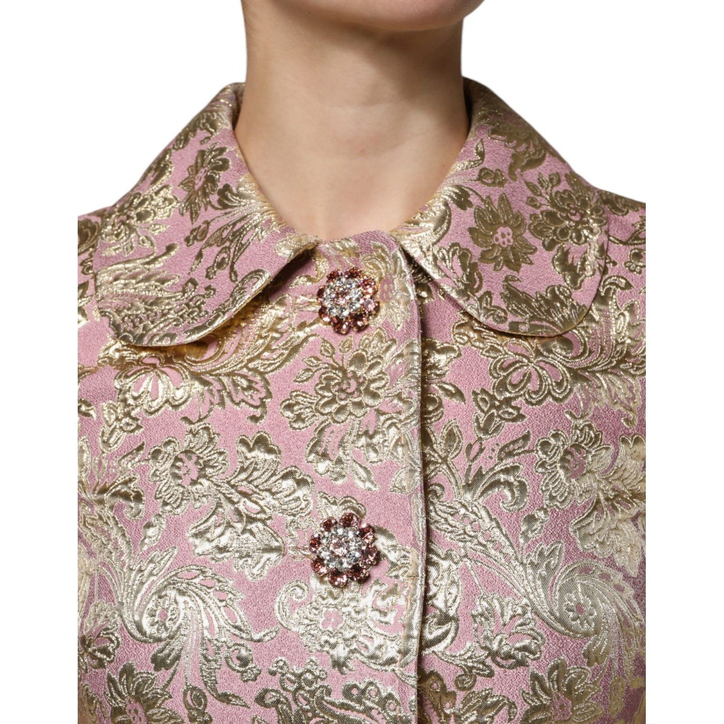 Dolce & Gabbana Metallic Pink Gold Jacquard Jewel Button Coat Jacket