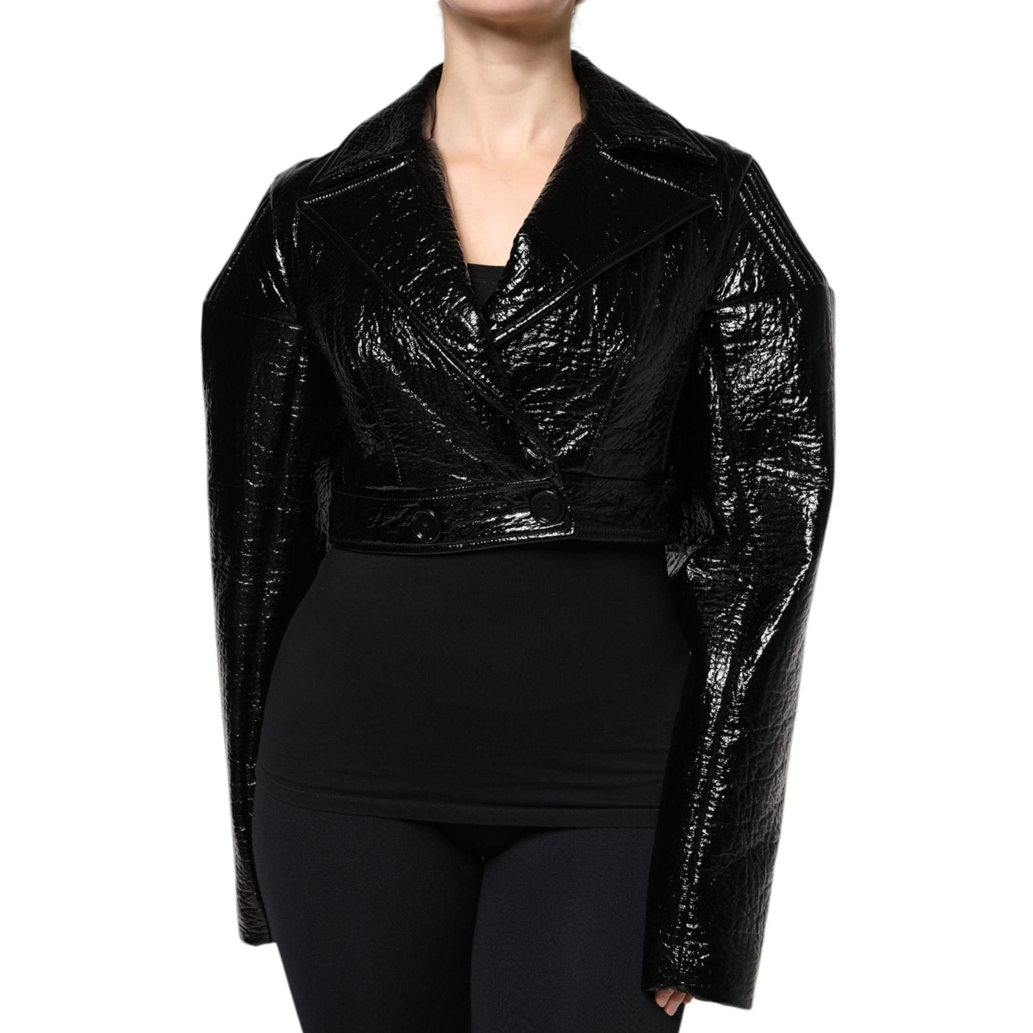 Dolce & Gabbana Black Leather Cropped Long Sleeve Coat Jacket
