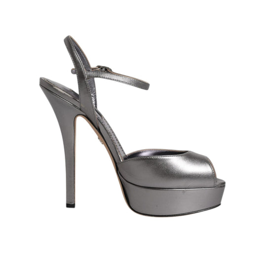 Dolce & Gabbana Silver Leather Platform Heels Sandals Shoes LA12204-38