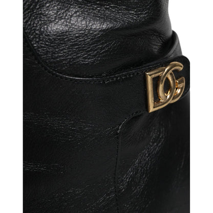 Dolce & Gabbana Black Leather Heels Knee High Boots Shoes