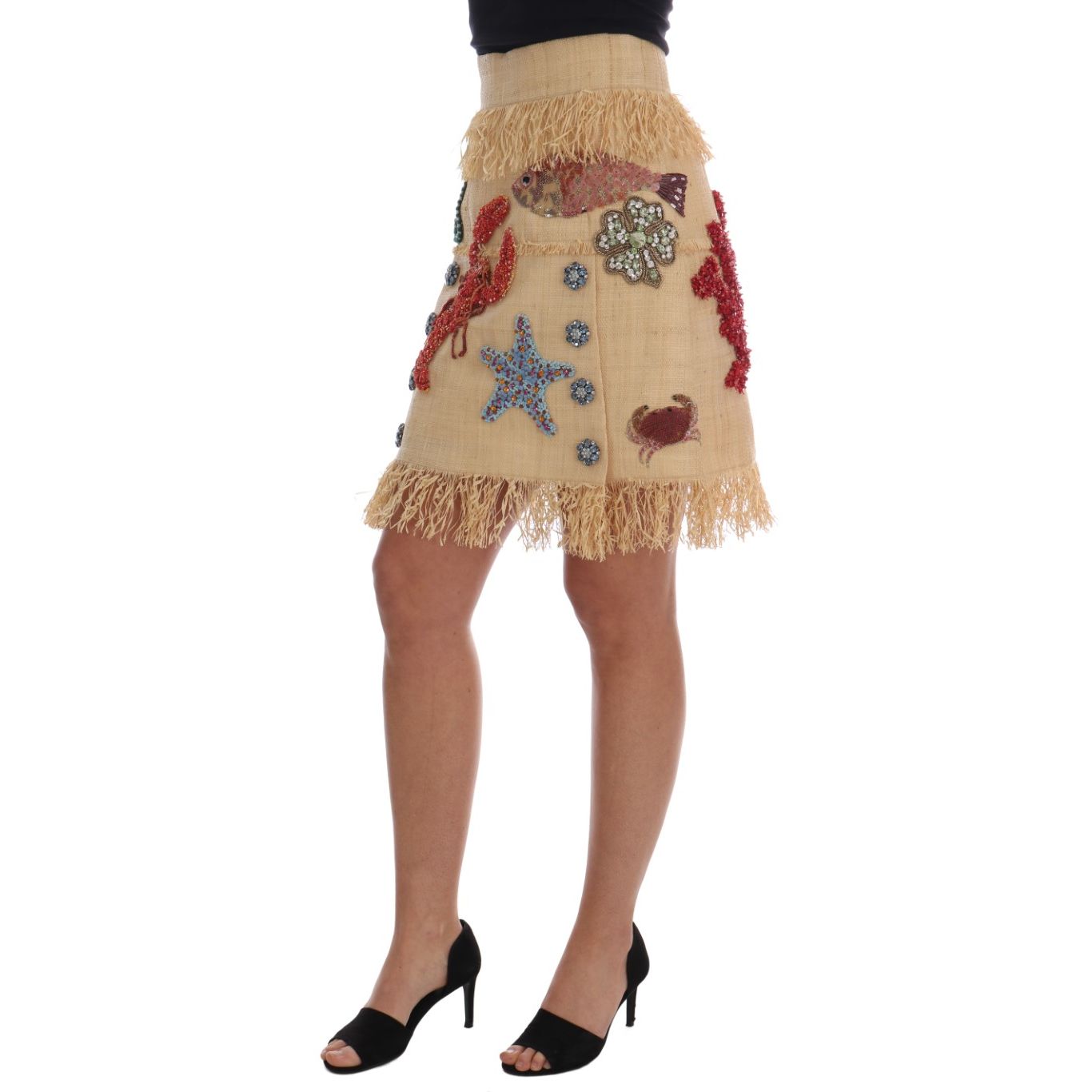 Dolce & Gabbana Crystal Beige Palm Fiber Skirt