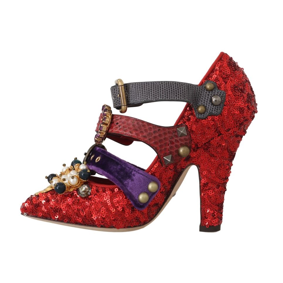 Dolce & Gabbana Red Sequined Crystal Studs Heels Shoes