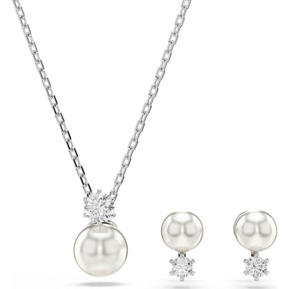 Elegant pearl necklace and earrings set with crystal accents, ideal for formal occasions and gift giving.