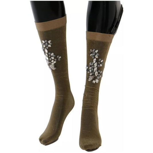 Dolce & Gabbana Gold Stretch Floral Clear Crystal Stocking Socks SCS54-M