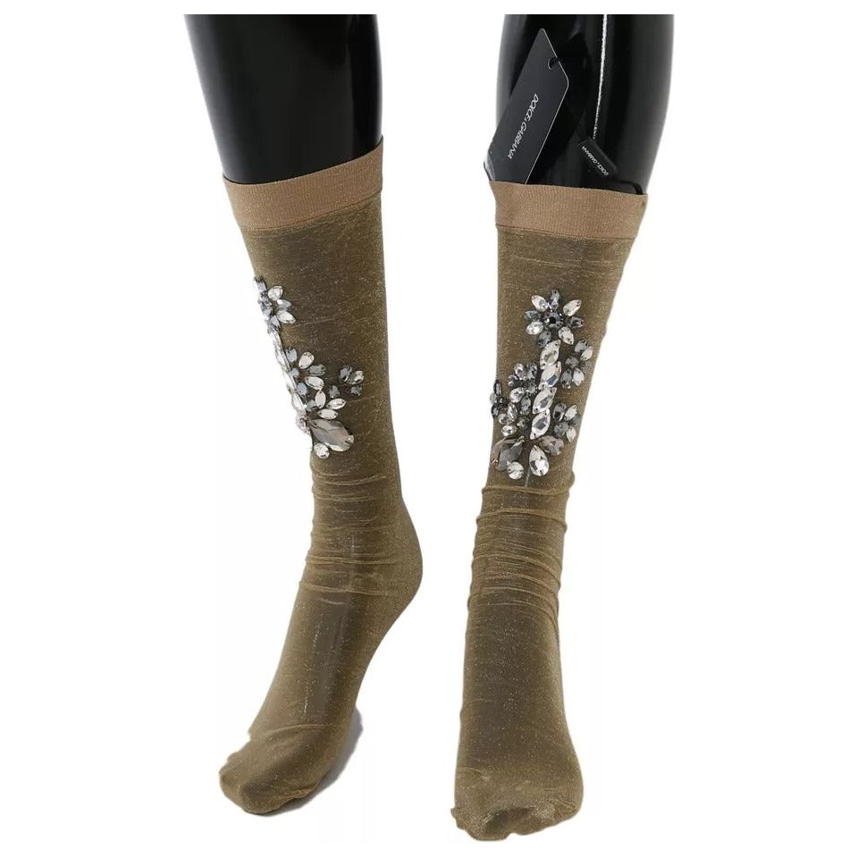 Dolce & Gabbana Gold Stretch Floral Clear Crystal Stocking Socks SCS54-M