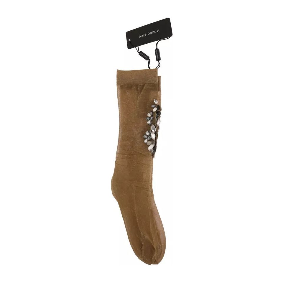 Dolce & Gabbana Gold Stretch Floral Clear Crystal Stocking Socks SCS54-M