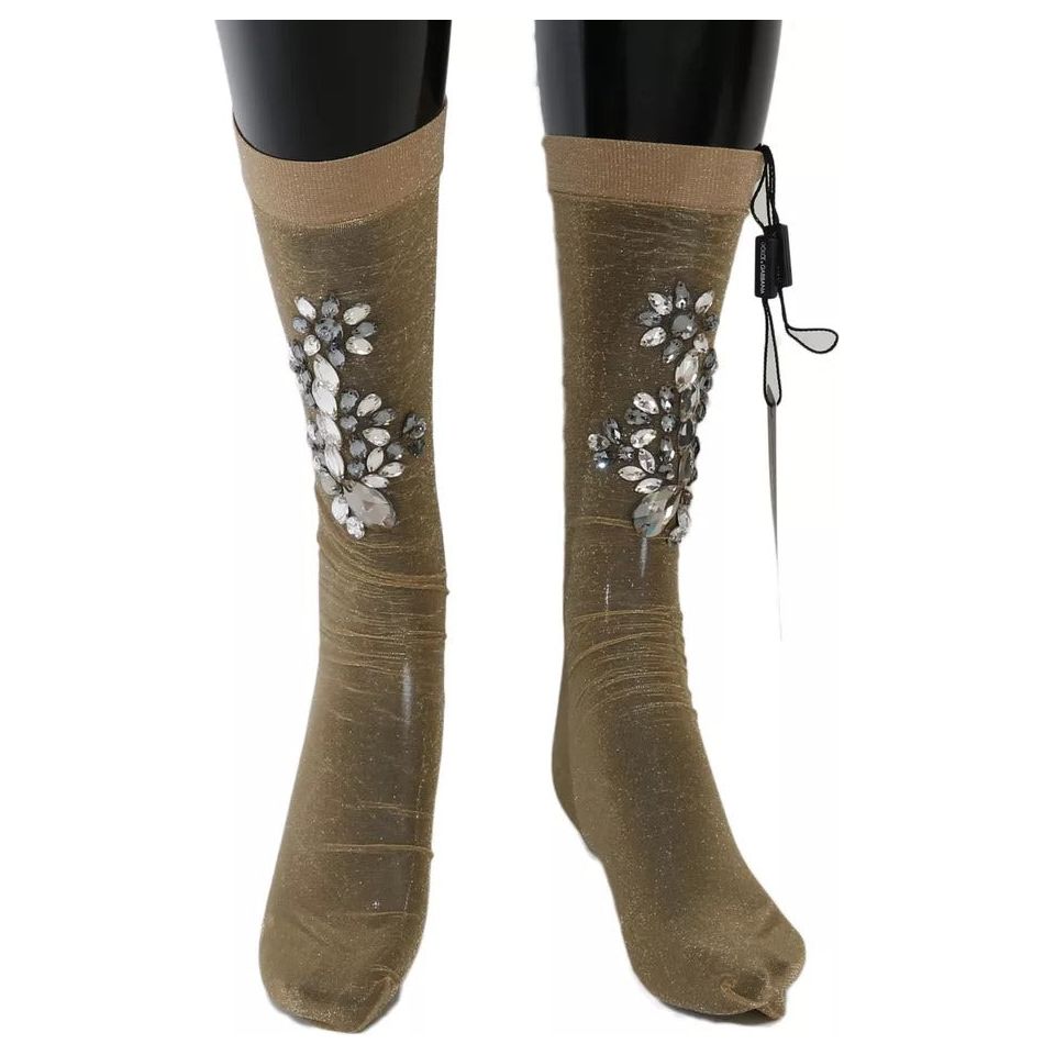 Dolce & Gabbana Gold Stretch Floral Clear Crystal Stocking Socks SCS54-M