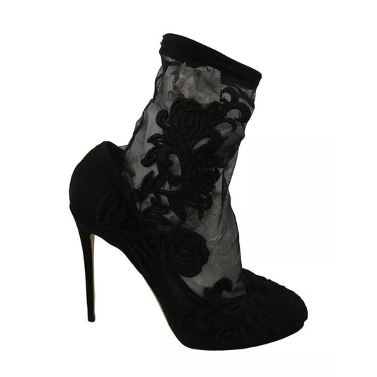 Dolce & Gabbana Black Tulle Stretch Floral Booties Shoes