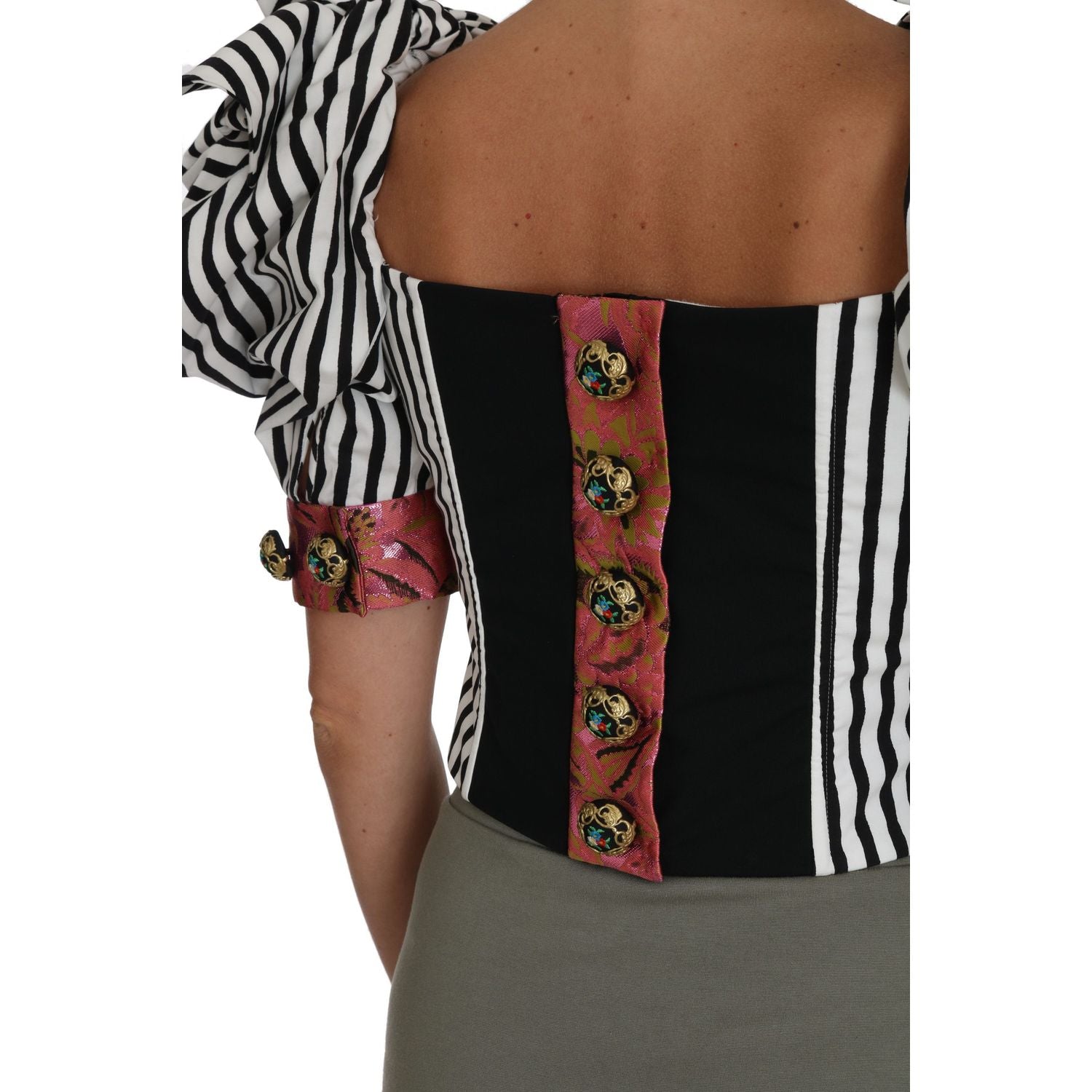 Dolce & Gabbana White Black Striped Cropped Top Puff Sleeve Shirts