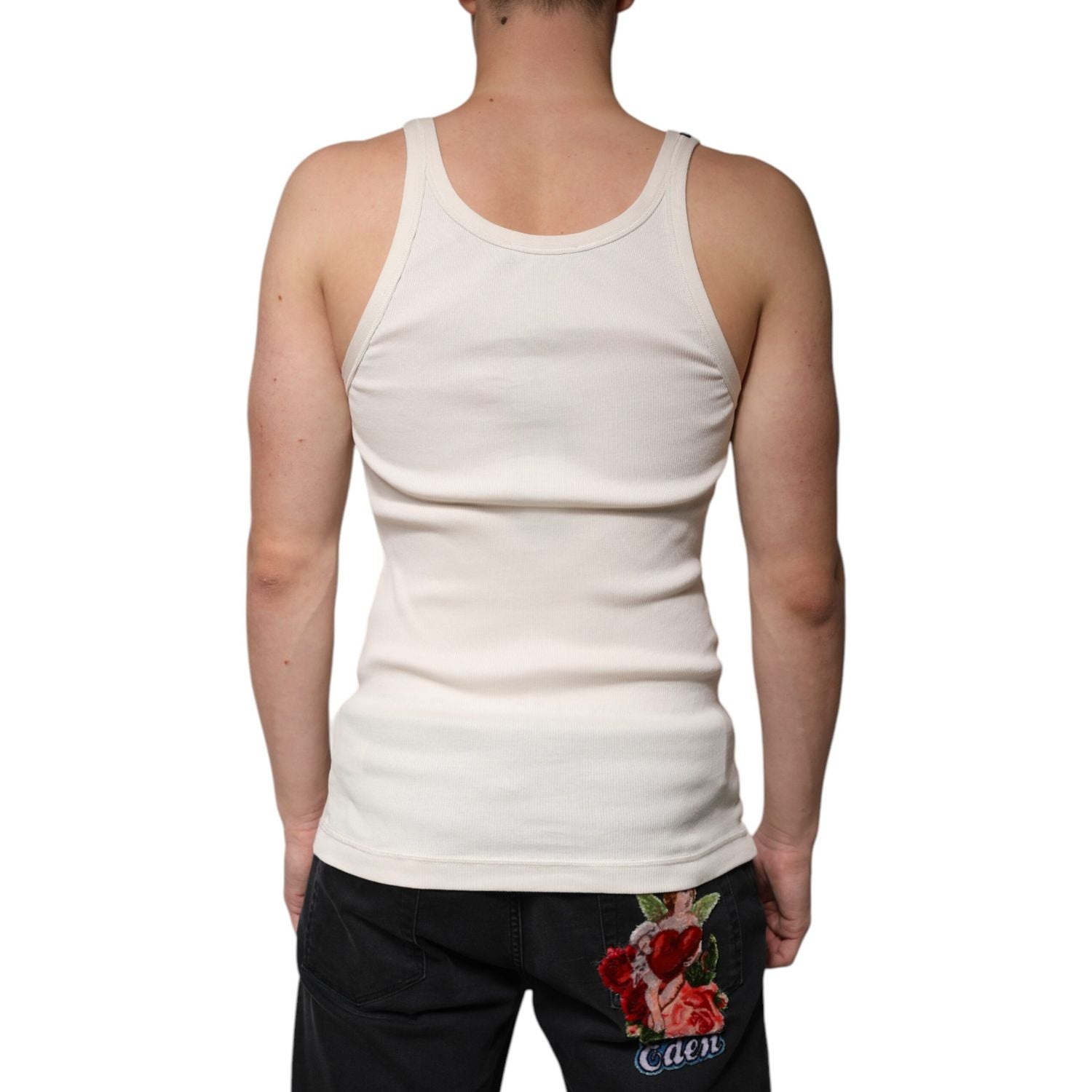 Dolce & Gabbana Off White Cotton Sleeveless Round Neck Tank T-shirt