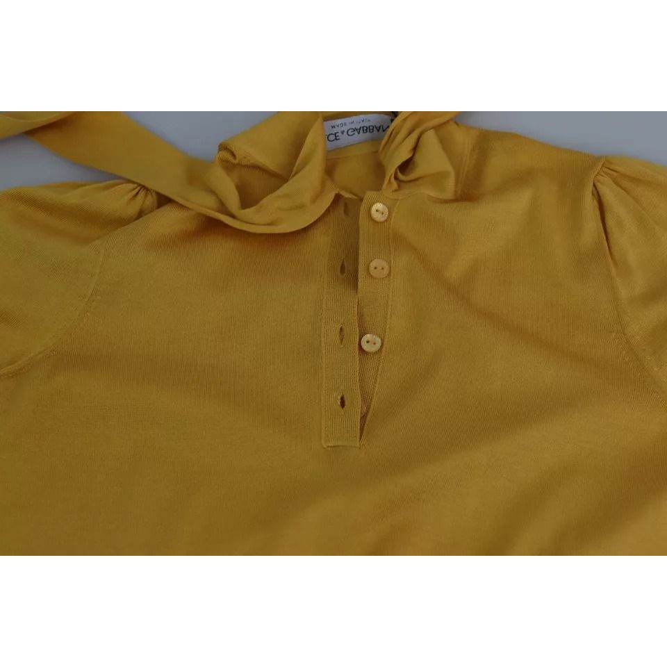 Dolce & Gabbana Yellow Silk Knit Pullover Ascot Collar Top