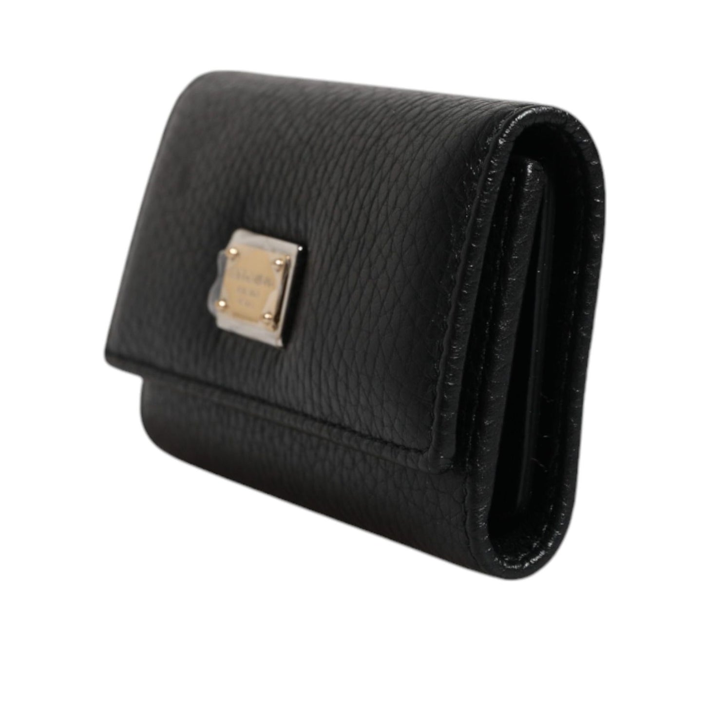 Dolce & Gabbana Black Leather Gold Metal Logo Plaque Trifold Keyring