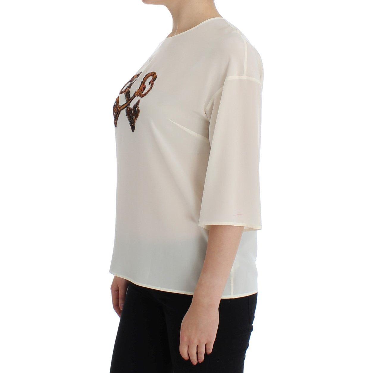 Dolce & Gabbana White Sequined Key Silk Blouse T-shirt Top