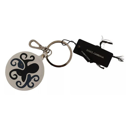Dolce & Gabbana White Leather Printed Metal Silver Tone Keyring Keychain