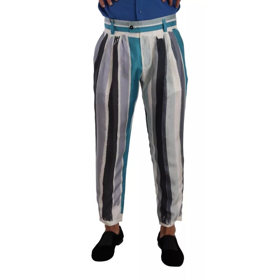 Dolce & Gabbana Blue Striped Silk Tapered Pants