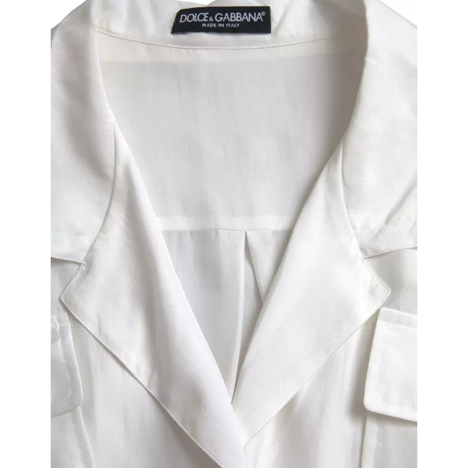 Dolce & Gabbana White Silk Collared 3/4 Sleeves Blouse Top