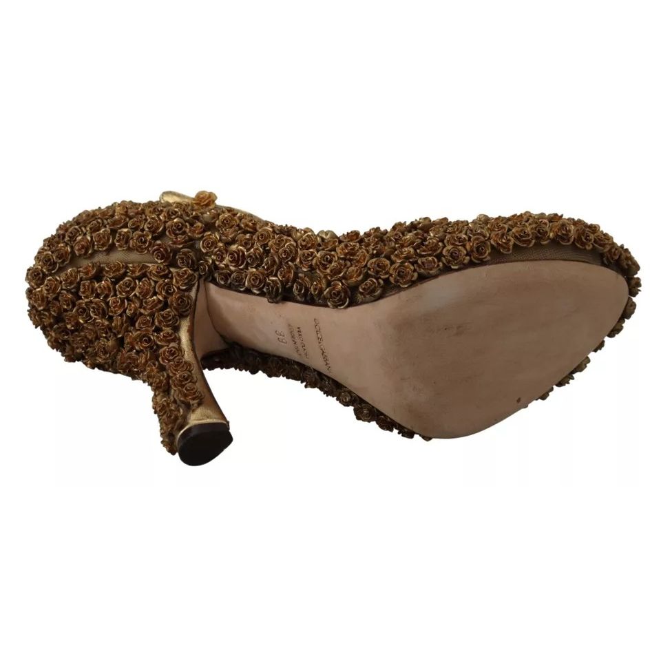 Dolce & Gabbana Gold Roses Embellished Heels Pumps Shoes