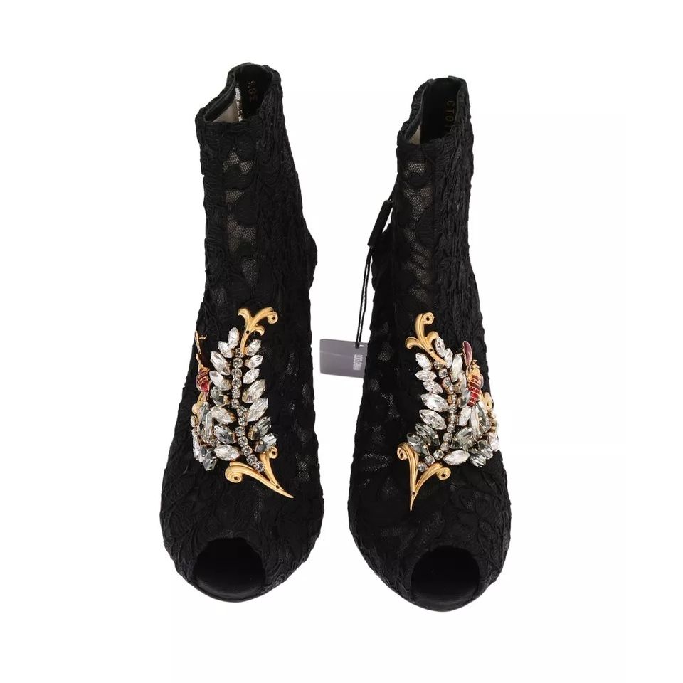 Dolce & Gabbana Black Crystal Lace Booties Stilettos Shoes