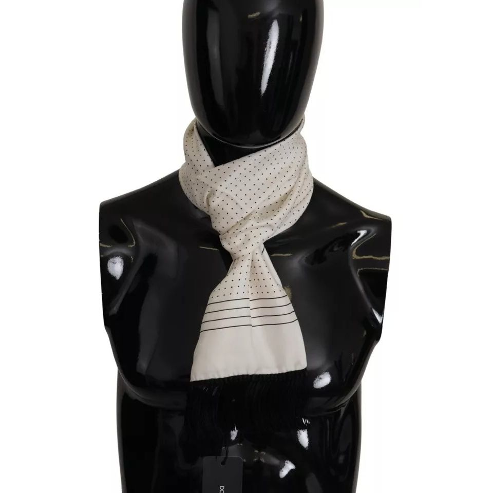Dolce & Gabbana White Polka Dots Pattern Silk Fringes Wrap Scarf