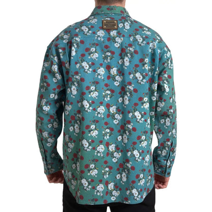 Dolce & Gabbana Blue Floral Cotton Button Down Denim Shirt