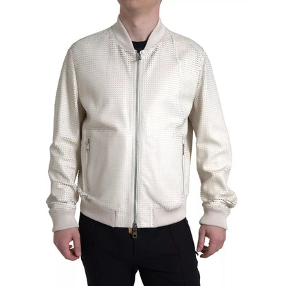 Dolce & Gabbana Off White LeatherPerforated Full Zip Jacket