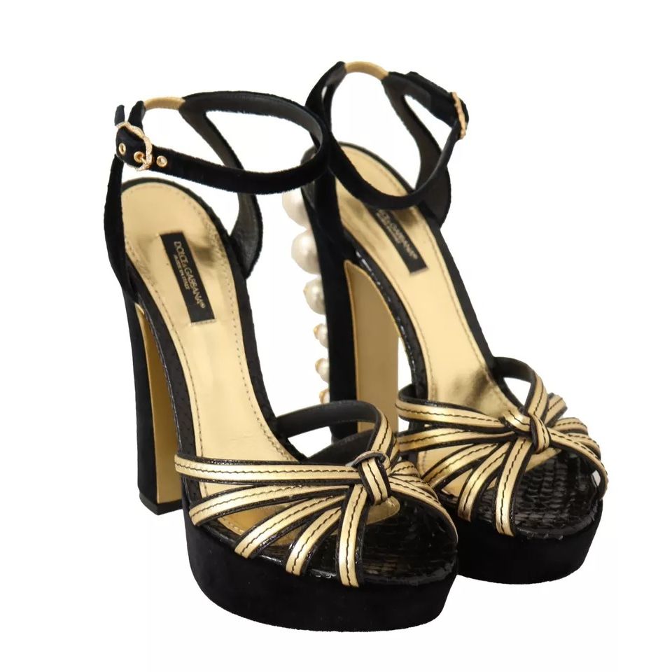 Dolce & Gabbana Black Gold Bianca Faux Pearl Sandals