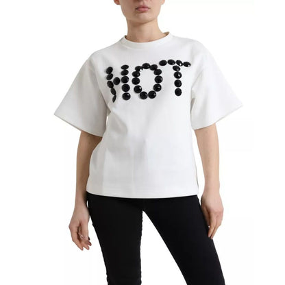 Dolce & Gabbana White Cotton Stretch Black HOT Crystal T-shirt