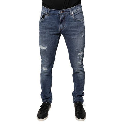 Dolce & Gabbana Blue Tattered Cotton Stretch Skinny Denim Jeans