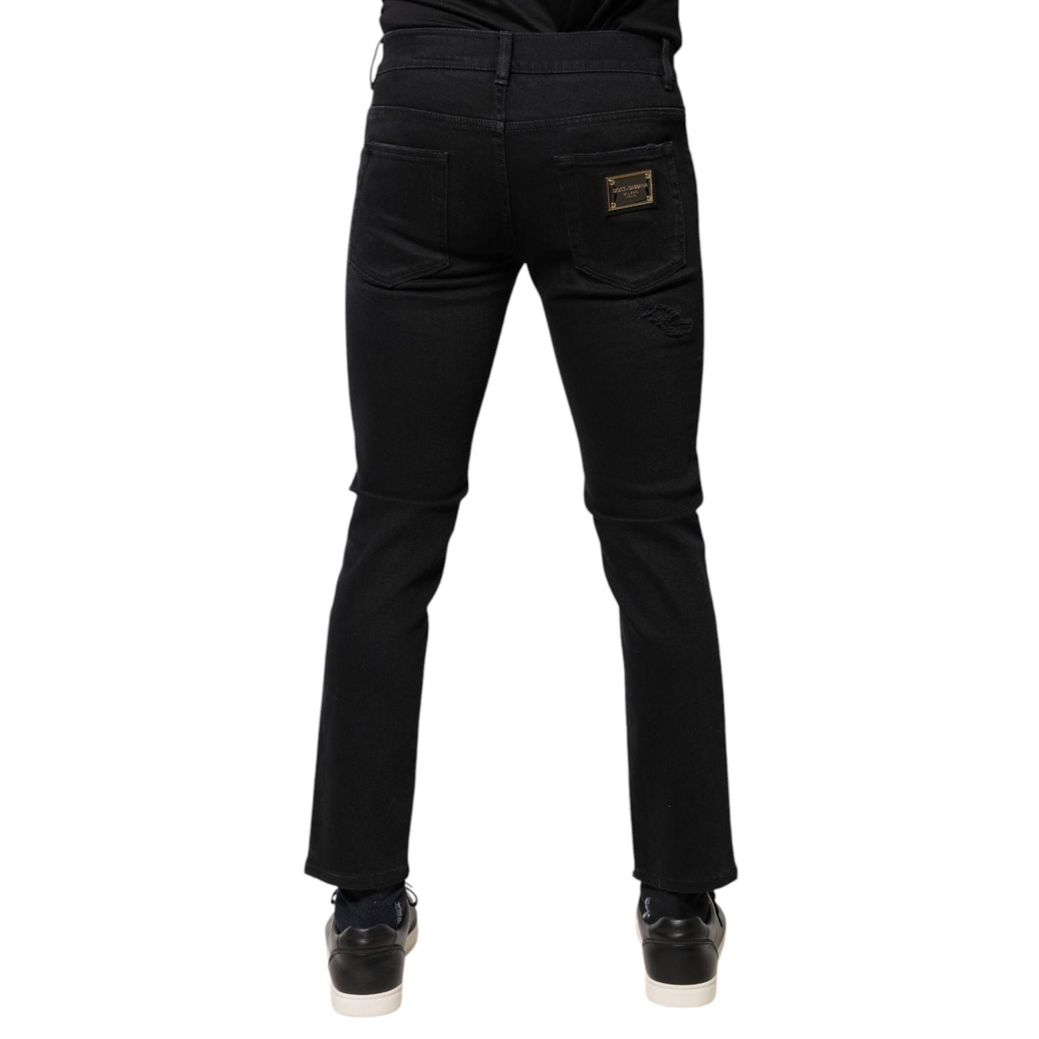 Dolce & Gabbana Black Cotton Tattered Skinny Denim Logo Jeans