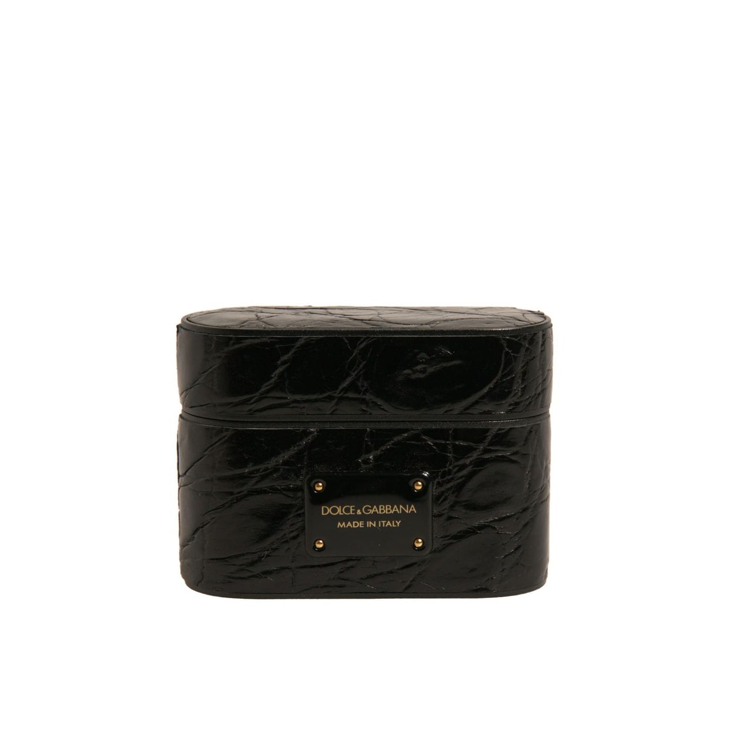 Dolce & Gabbana Black Leather Metal Logo Plaque Holder Airpods Case SMY10595