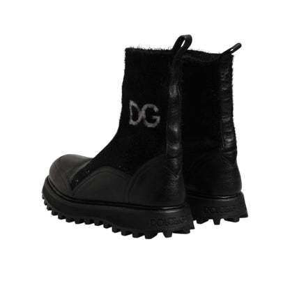 Dolce & Gabbana Black DG Logo Horse Sock Ankle Boots Shoes