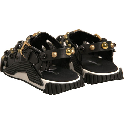 Dolce & Gabbana Black Leather Studded Slides Sandals Shoes