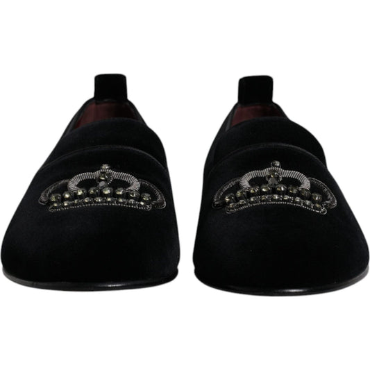 Dolce & Gabbana Black Velvet Crystal Crown Loafers Formal Dress Shoes