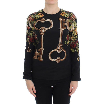 Dolce & Gabbana Black Key Floral Print Silk Blouse Top