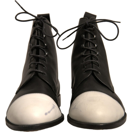 Sergio Rossi Black White Leather Lace Up Flats Ankle Boots Shoes LA12439-40