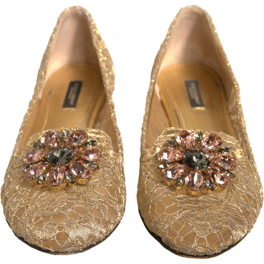 Dolce & Gabbana Gold Crystal Loafer Lace Ballet Flats Shoes LA12367-40