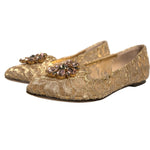 Dolce & Gabbana Gold Crystal Loafer Lace Ballet Flats Shoes LA12367-40