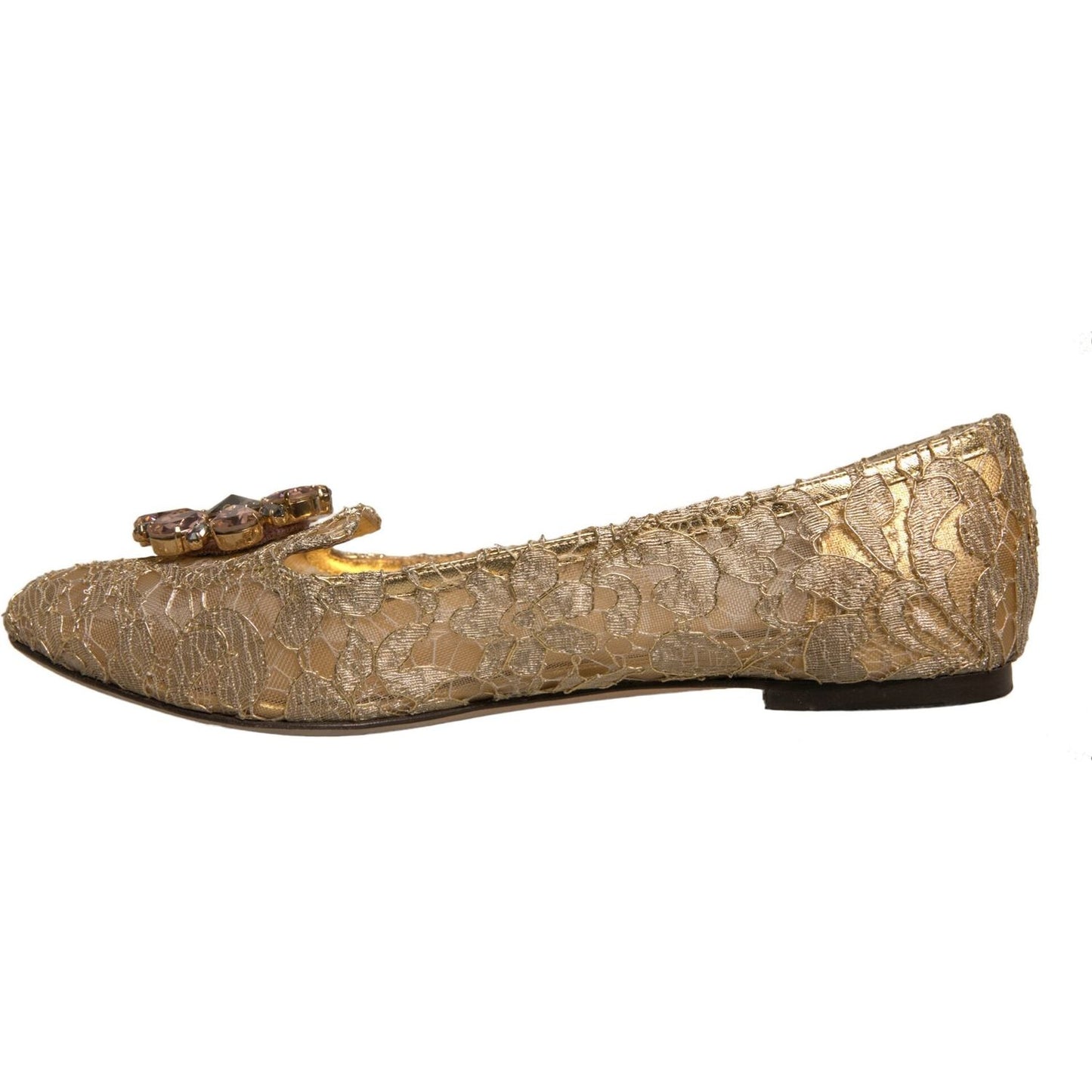 Dolce & Gabbana Gold Crystal Loafer Lace Ballet Flats Shoes LA12367-40
