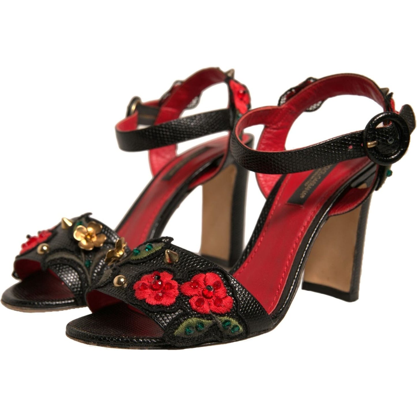 Dolce & Gabbana Black Embossed Carnation Heeled Sandals Shoes LA12373-36
