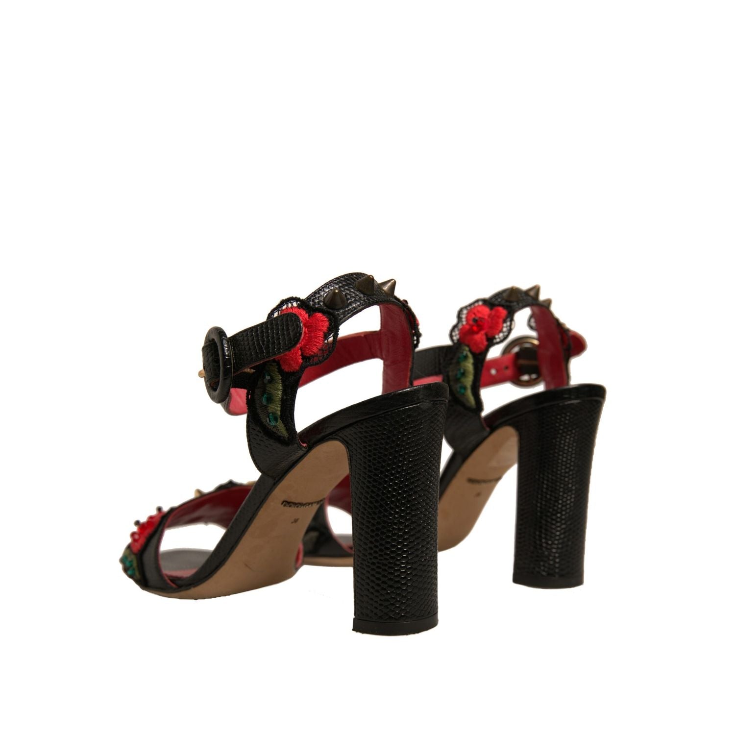 Dolce & Gabbana Black Embossed Carnation Heeled Sandals Shoes